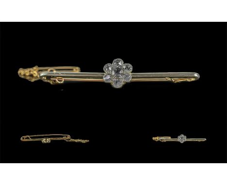 Antique Period 18ct Gold and Platinum Diamond Cluster Set Stick Brooch. The Semi-Cushion Cut Diamonds of Excellent Colour. Es