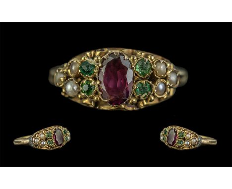 Antique Period - Ladies 9ct Gold Pearl, Peridot and Garnet Set Ring. Pleasing Ornate Setting. c.1880's. Marked 9ct to Shank. 