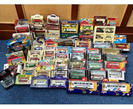 Two Boxes Containing a Quantity of Die Cast, mostly Matchbox first editions, mostly buses and trams, some packs, Models of Ye