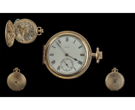 Elgin National Watch Co Gold Filled Full Hunter Keyless Pocket Watch, with keystone watch case, 15 jewels and white enamelled