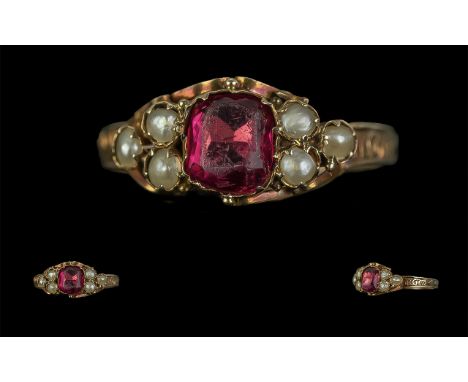Victorian Period - Attractive 12.5 ct Ruby and Pearl Set Ring. Full Hallmark for Birmingham 1868 and Marked 12.5 ct. Excellen
