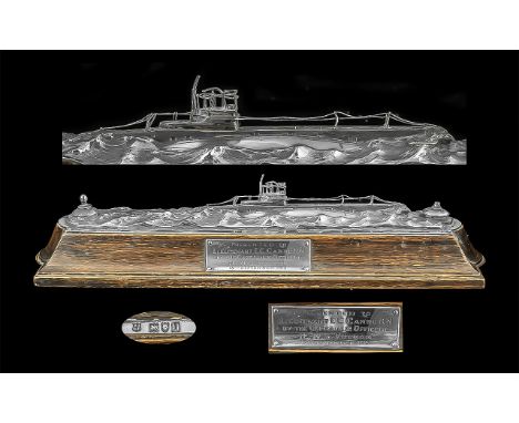 Historical Interest. Early 20th Century Superb Sterling Silver Cast Model of The Submarine H.M.S Vulcan In Rough Waters, Rais