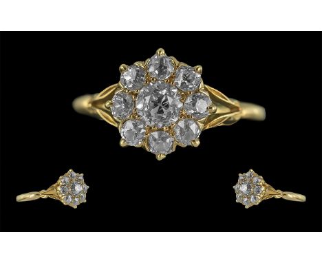 Antique Period Ladies - Attractive 18ct Gold Diamond Set Dress Ring ( Flower head Design ) Gallery Setting. Full Hallmark for