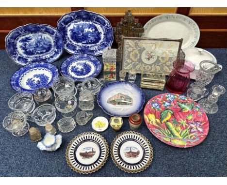 Box of Assorted Glassware &amp; Pottery, including a quantity of mixed plates, a glass dressing table tray, Noritake platter 