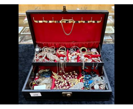 A Jewellery Box Containing a Quantity of Vintage Costume Jewellery, including pearls, chains, brooches, bangles, rings etc.