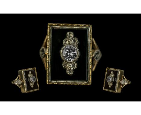 Antique Period - Attractive 19th Century 9ct Gold Diamond and Black Enamel Dress Ring of Rectangular Form. The Central Pave S