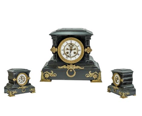Belgium Black Slate Mantle Clock of architectoral form, brass mounts.