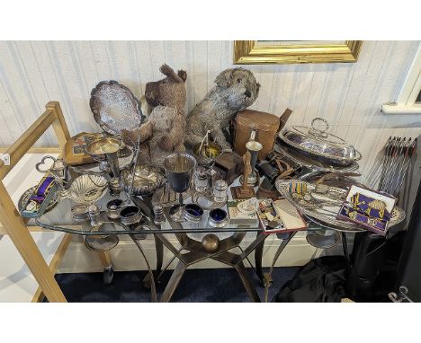 Good Box of Miscellaneous Items, including binoculars, silver plate, cruet stand, miniature cuckoo clock, silver medals, odd 