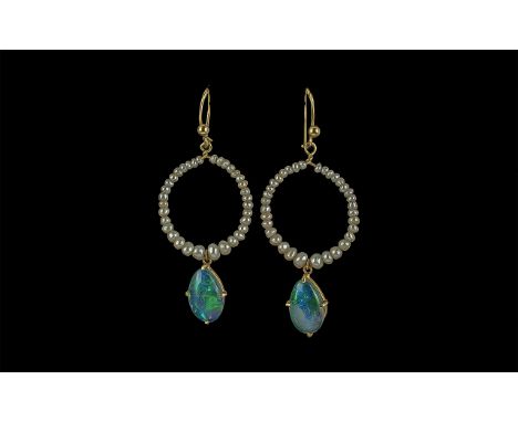Ladies - Excellent Quality 18ct Gold Pair of Seed Pearls and Opal Set Earrings. Excellent Design. The Opals of Wonderful Colo