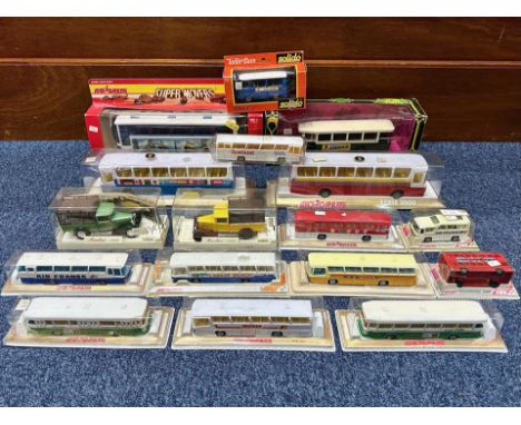 Collection of Die Cast Models, boxed, including Solido Renault bus, Peugeot J7 Air Bus, Majorette tour bus, Majorette Serie 3