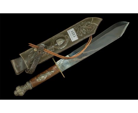 Large Dagger, In leather Scabbard. Metal Bound with Wooden Handle, Well Made. Overall Length 17 Inches. Please See Photo. 