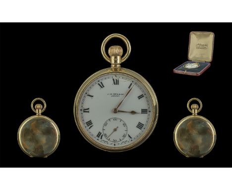 9ct Gold Open Faced Pocket Watch, J W Benson, London, white enamel dial, Roman numerals with subsidiary seconds. 48mm case.