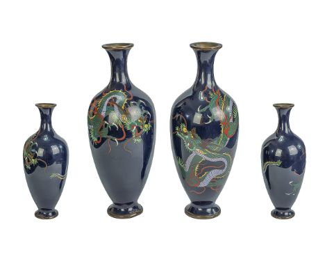 Japanese Early 20th Century Fine Pair of Cloisonne Bottle Neck Vases. c.1900 - 1910. Decorated with Images of Dragons on Blac