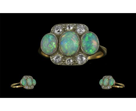 Antique Period - Excellent 18ct Gold Opal and Diamond Set Ring. Not Marked but Tests High Ct Gold. The 3 Well Matched Opals o