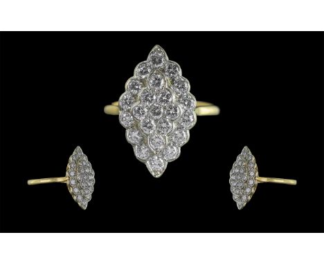 Ladies - Excellent 18ct Gold Marquise Shaped Diamond Set Cluster Ring, Marked 18ct Gold to Shank. The Brilliant Cut Diamonds 