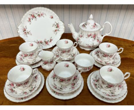 Royal Albert 'Lavender Rose' Tea Service,  comprising a teapot, milk jug, sugar bowl, six cups and saucers, six side plates, 