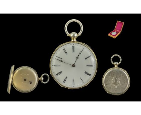 19th Century Gold Tone and Silver Open Faced Pocket Watch Key-wind with Key, of Excellent Condition. Features Cylindrical Rub