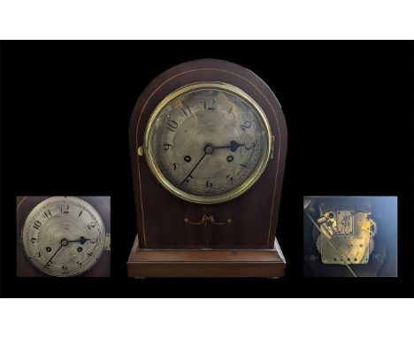 Mahogany Edwardian Mantle Clock, silvered dial, Arabic numerals, string inlay, spring driven movement.