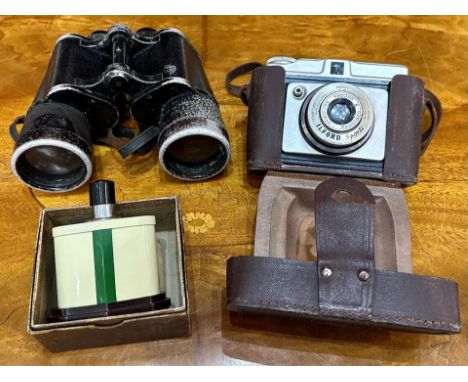 Mixed Lot to include a vintage Ilford Sporti camera in leather case, a pair of Carl Zeiss Jena binoculars, and a vintage Dunh