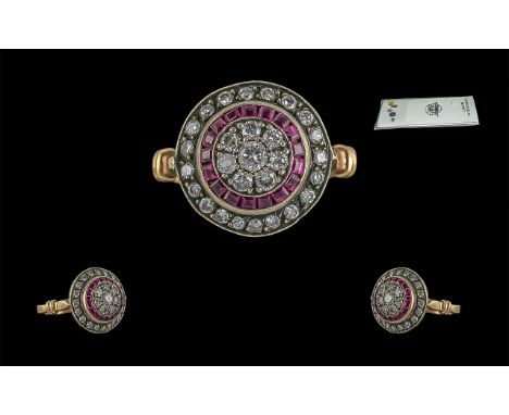 Certificated Vintage Style 8ct Rose Gold (silver top) Target Style Ring set with transitional cut diamonds and step cut rubie