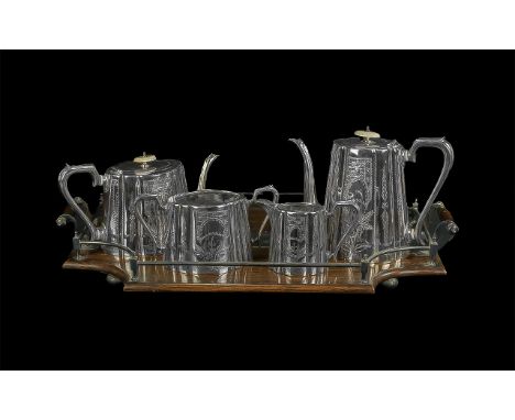 Plated Ware Tea Service, comprising teapot, hot water/coffee pot, milk jug and sugar bowl, on an oak tray with handles and ra