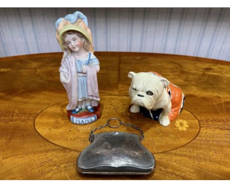 Royal Doulton Bulldog, draped with a Union Jack, from the early 1940's, Reg No 645658, some paint flaked.  Measures 4.5'' hig