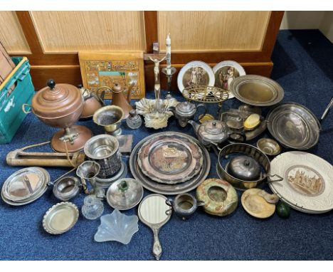 A Large Collection Of Metalware - To include silver plated trays, a tea service, copper kettles and cans, an Onyx ashtray and