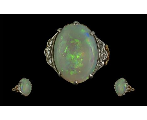 Antique Period Ladies - Excellent Quality Large Opal and Diamond Set Dress Ring. Marked 18ct to Shank. The Large Oval Shaped 