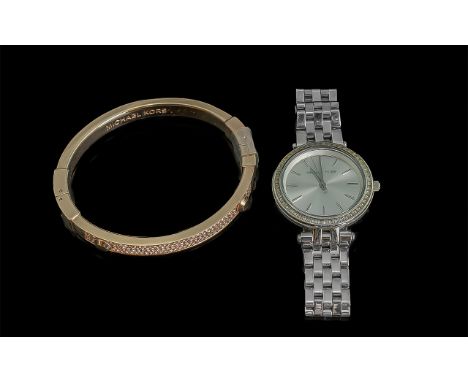 Michael Kors Interest. Comprises Michael Kors Rose Gold Coloured Bangle &amp; Michael Kors Ladies Watch. ( 2 ) Items In Total
