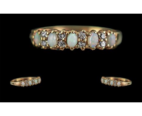 Antique Period 9ct Gold Diamond and Opal Set Ring. Full Hallmark to Shank. The Opals and Diamonds of Good Colour. Ring Size M