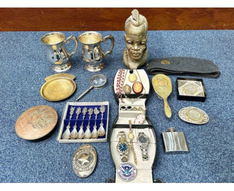 Collection of Metal & Plated Items, including two tankards, small hip flask, three decorative American belt buckles, Indian l