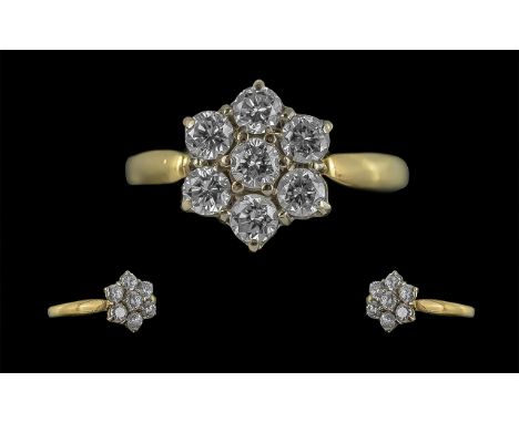 Ladies - Attractive 18ct Gold Diamond Set Cluster Ring, Flower head Design, Full Hallmark to Shank. The Round Brilliant Cut D