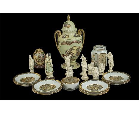 Box of Oriental Items, including Satsuma twin-handled lidded 14'' pot, pale green decorated with figures, Hamilton Collection
