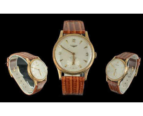 Longines Gents Pleasing 9ct Gold Cased Manual Wind Wrist Watch. c.1960's, Gold Markers, Case and Dial In Very Good Condition 