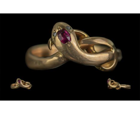 Antique Period - Pleasing 15ct Gold Snake Head Design Ladies Ring. The Head Set with a Ruby and Diamond Set Eyes. Marks Rubbe