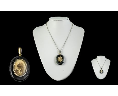 Antique Period - Pleasing Quality 9ct Gold Black Enamel Pendant Locket, The Oval Shaped Pendant / Locket with Seed Pearl and 