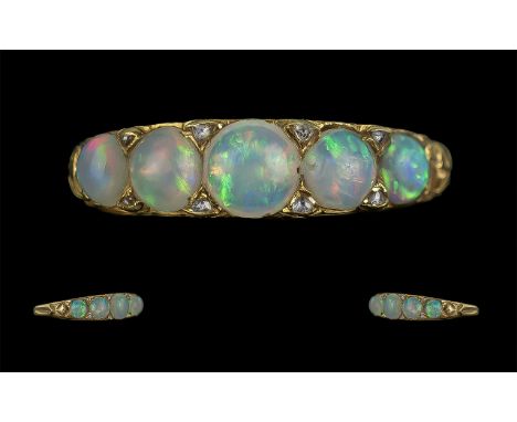 Antique Period - 18ct Gold Pleasing 18ct Gold 5 Stone Opal Set Ring, Ornate Setting. Not Marked but Tests High Ct Gold. The F