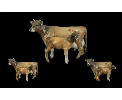 Beswick Hand Painted Farm Animal Figures ( 2 ) ' Jersey Cow and Calf ' Model No 1345 - 1249D. Designer A. Gredington. Issued 