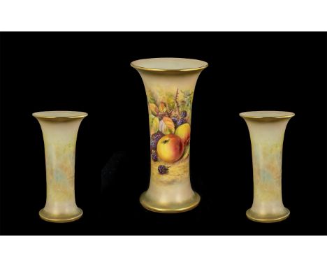 Royal Worcester Signed and Hand Painted Tulip Shaped Vase ' Fruits ' Stillife, Apples and Berries, Signed Lockyer, Shape No G