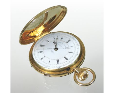 A 19th century 18 carat gold cased full hunter chronograph pocket watch, the white enamel dial signed Centre Seconds Chronogr