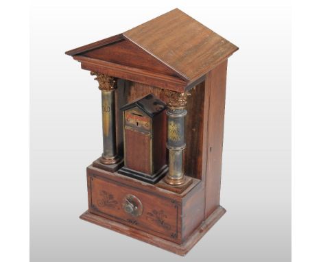 A rare Victorian mahogany cased one penny electric shock arcade machine, of architectural form, with a penny slot, flanked by