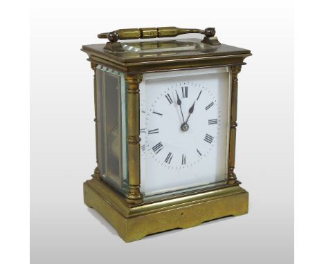 A 19th century French brass cased carriage clock, the white enamel dial with Roman hours, stamped Brevete, Paris, 16cm high o