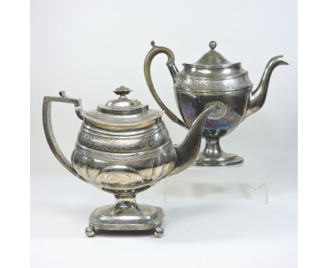 A George III silver pedestal teapot, of oval half gadrooned shape, engraved with a foliate and floral frieze, London 1815, 23
