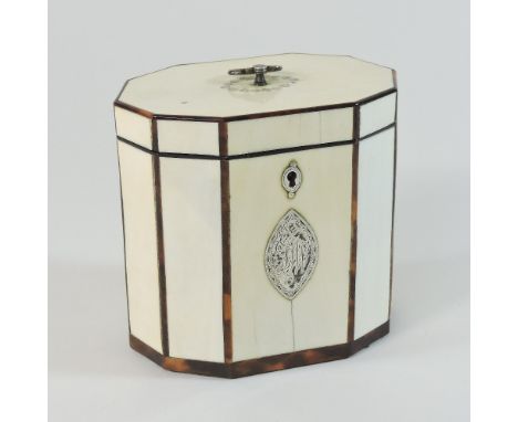 A small George III ivory, tortoiseshell and pique silver tea caddy, of octagonal form, the hinged lid with mother of pearl in