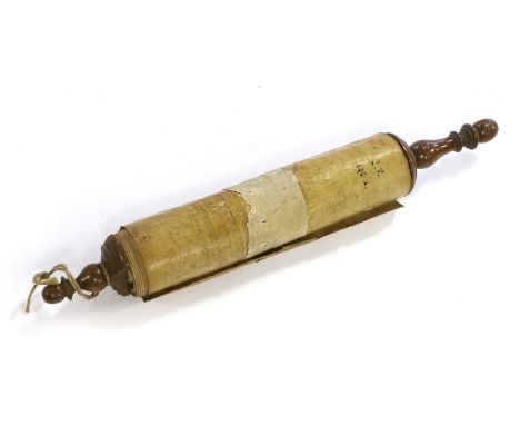Hebrew Manuscript. Esther Scroll (Megillah Esther). Ink manuscript on five conjoined parchment membranes, rolled into a scrol