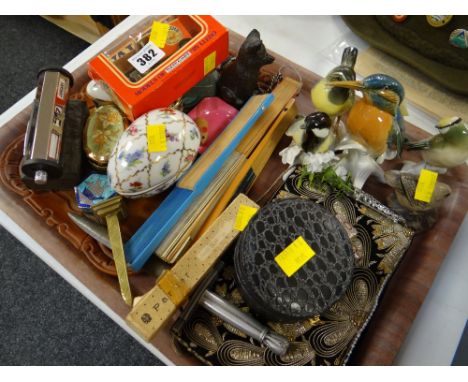 A parcel of sundry collectables including continental porcelain, garden birds, vintage roller desk calendar etc
