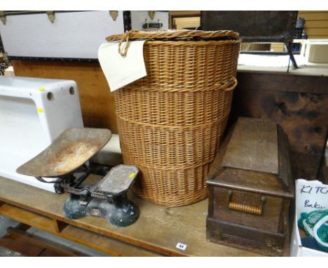 Vintage metal filing cabinet, vintage sewing machine, a laundry basket and contents of knitting accessories and a knitting ma