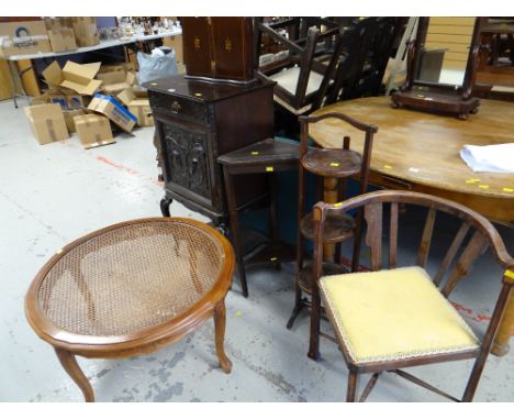 A parcel of furniture including music cabinet, cake stand, corner table, corner chair, circular coffee table etc