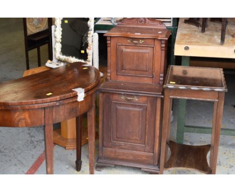 A vintage wooden pedonium with metal handles and upper shelf  together with a half-moon antique table and another table