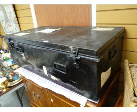 Vintage black metal trunk with carry handles